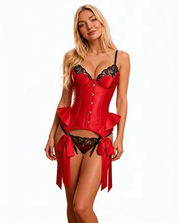 Bréa porte Victoire — corset satin rouge, dentelle noire et jarretelles